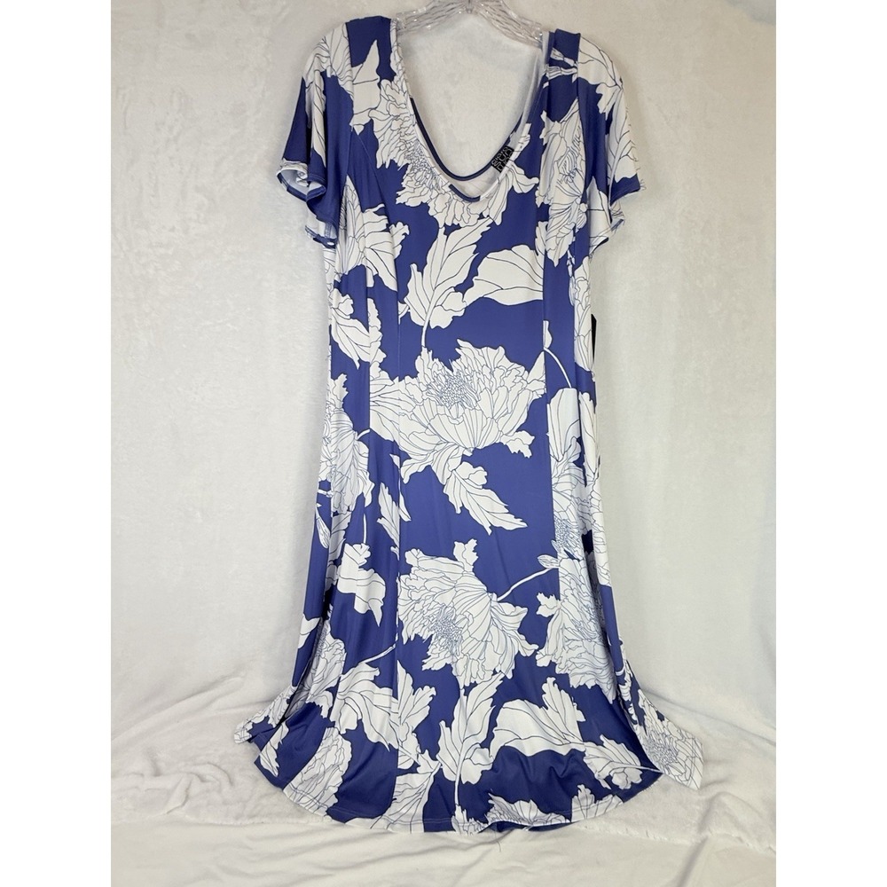 Clara Sun Woo Blue White Floral Midi Dress S Stretch Knit NWT Resort Travel